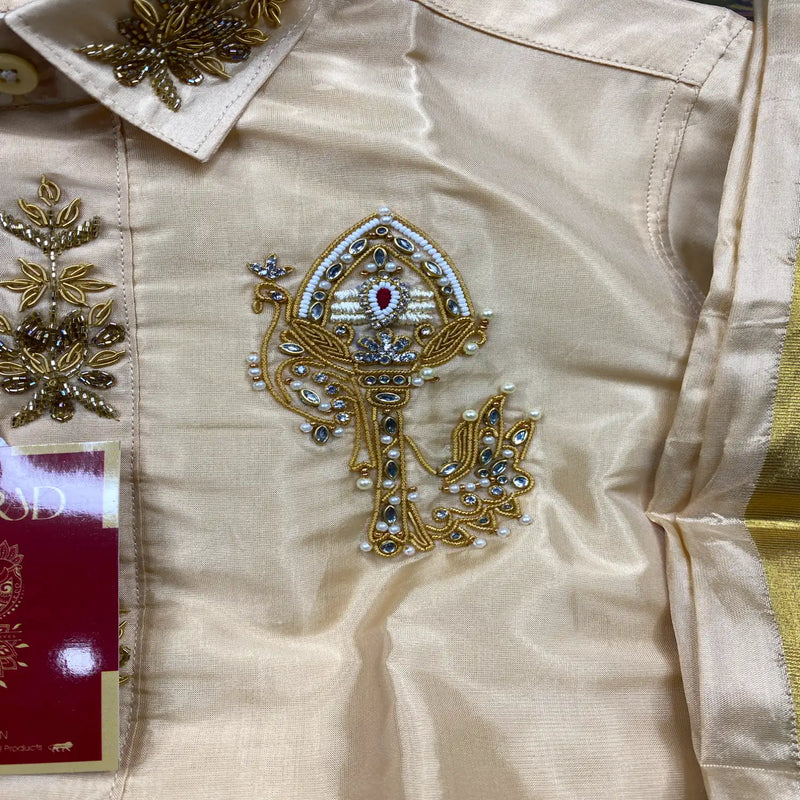 Horad Premium Art Silk Light Gold Aari work Kids Set  HalfSleeve Shirt + Welcro Dhoti