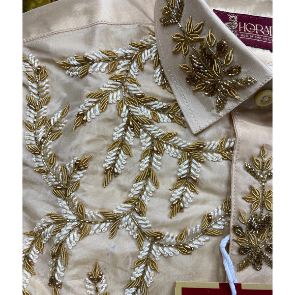 Horad Premium Art Silk Light Gold Aari work Kids Set  HalfSleeve Shirt + Welcro Dhoti