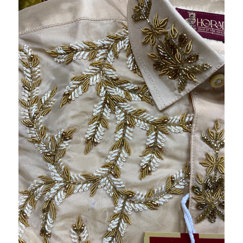 Horad Premium Art Silk Light Gold Aari work Kids Set  HalfSleeve Shirt + Welcro Dhoti