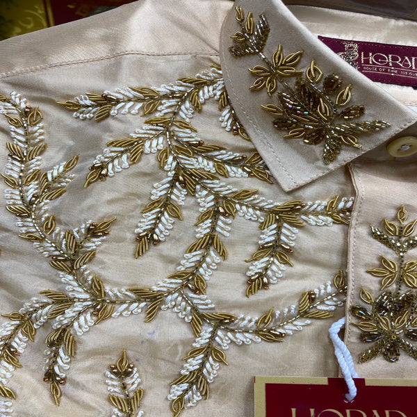 Horad Premium Art Silk Light Gold Aari work Kids Set  HalfSleeve Shirt + Welcro Dhoti