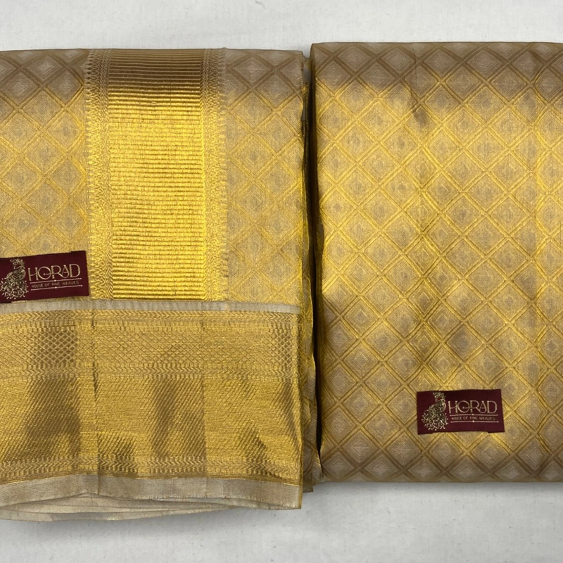 Horad Pure Silk Gold Emboss  Wedding Set Shirt Material + Dhoti + Angavastram