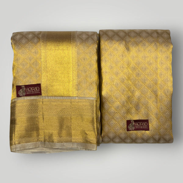 Horad Pure Silk Gold Emboss  Wedding Set Shirt Material + Dhoti + Angavastram