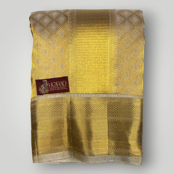 Horad Pure Silk Gold Emboss  Wedding Set Shirt Material + Dhoti + Angavastram