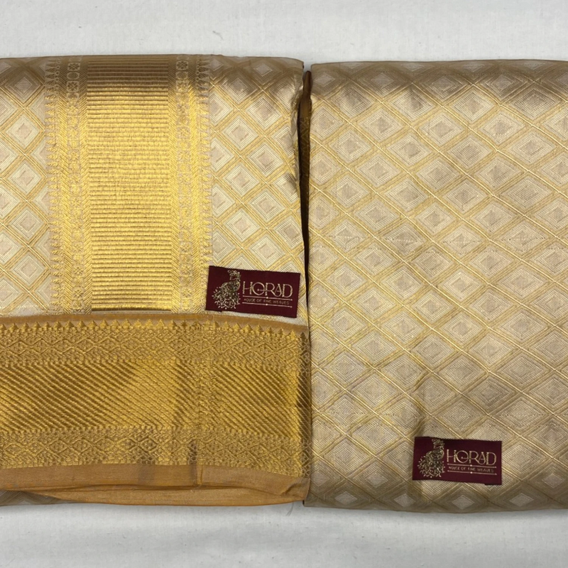 Horad Pure Silk Gold Emboss  Wedding Set  Shirt Material + Dhoti + Angavastram