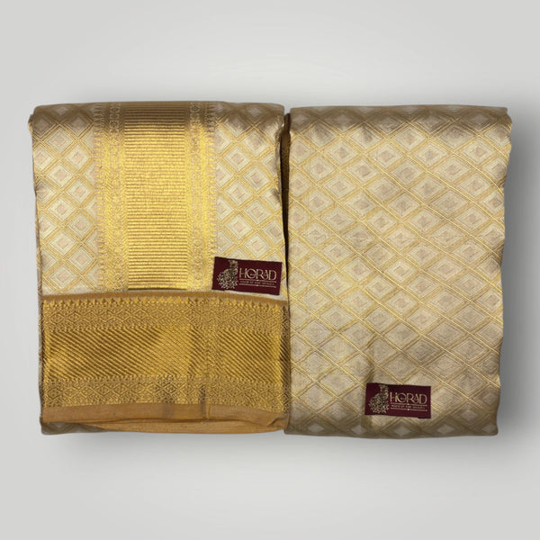 Horad Pure Silk Gold Emboss  Wedding Set  Shirt Material + Dhoti + Angavastram