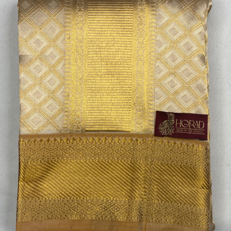 Horad Pure Silk Gold Emboss  Wedding Set  Shirt Material + Dhoti + Angavastram