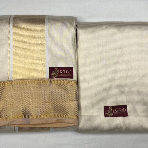 Horad Pure Silk Cream Emboss Wedding Set  Shirt Material + Dhoti + Angavastram