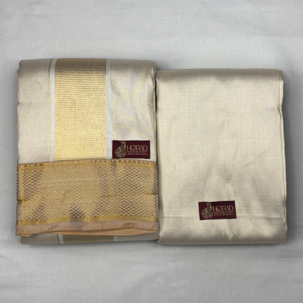 Horad Pure Silk Cream Emboss Wedding Set  Shirt Material + Dhoti + Angavastram