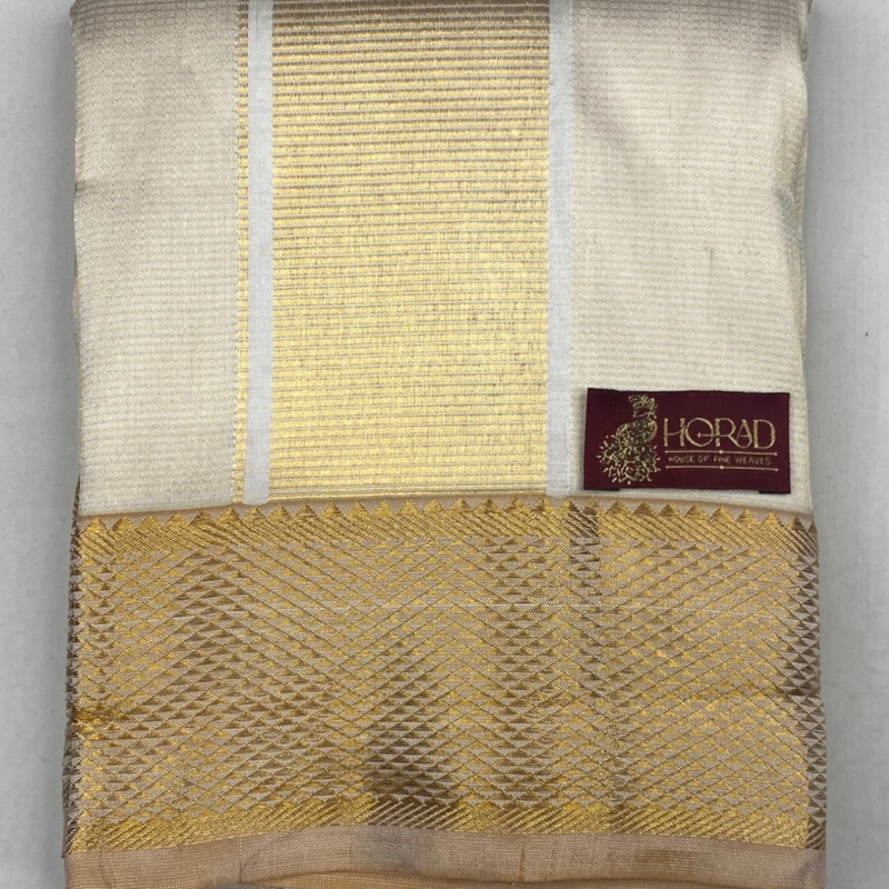 Horad Pure Silk Cream Emboss Wedding Set  Shirt Material + Dhoti + Angavastram