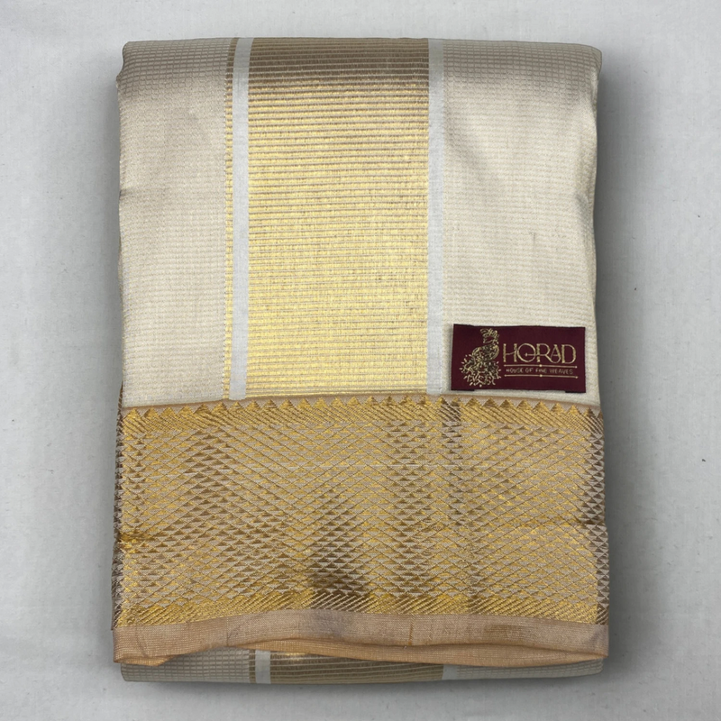 Horad Pure Silk Cream Emboss Wedding Set  Shirt Material + Dhoti + Angavastram
