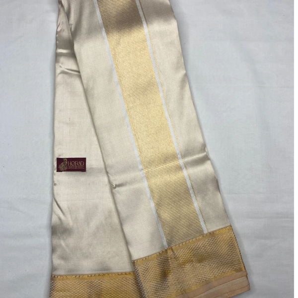 Horad Pure Silk Cream Emboss Wedding Set  Shirt Material + Dhoti + Angavastram