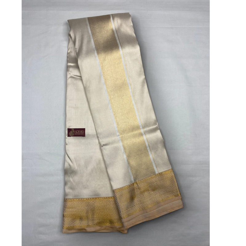 Horad Pure Silk Cream Emboss Wedding Set  Shirt Material + Dhoti + Angavastram