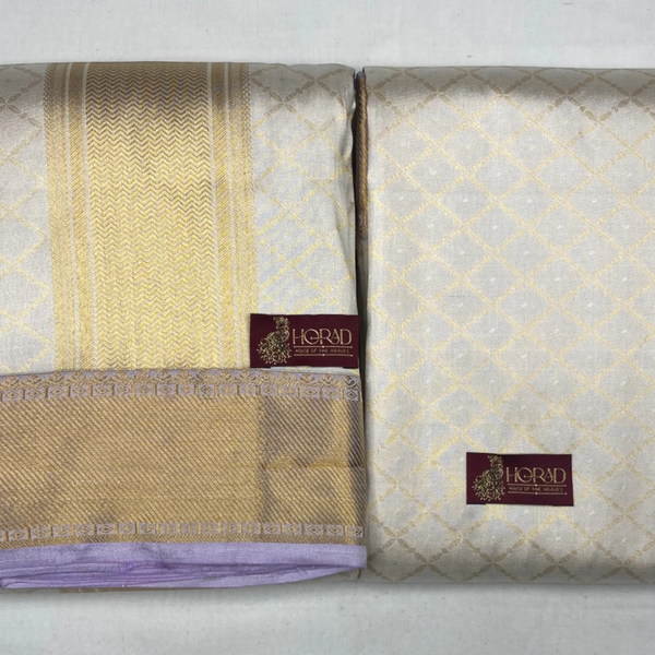 Horad Pure Silk Cream Emboss Wedding Set Shirt Material + Dhoti + Angavastram