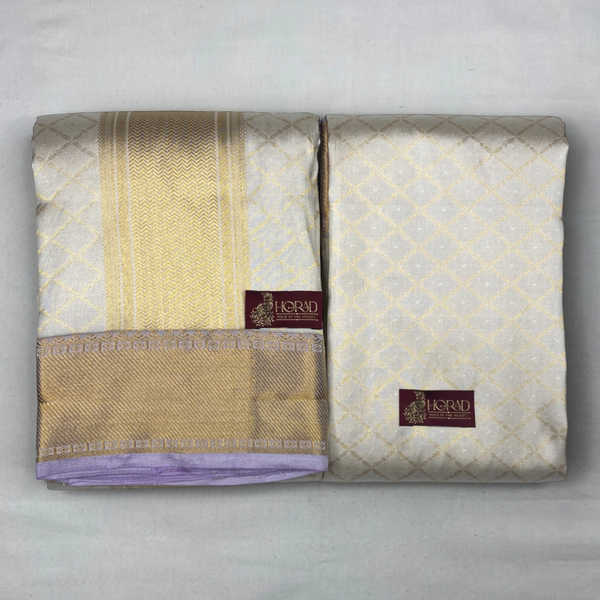 Horad Pure Silk Cream Emboss Wedding Set Shirt Material + Dhoti + Angavastram