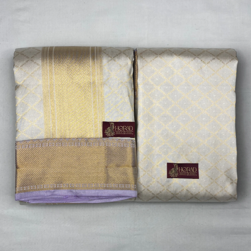 Horad Pure Silk Cream Emboss Wedding Set Shirt Material + Dhoti + Angavastram