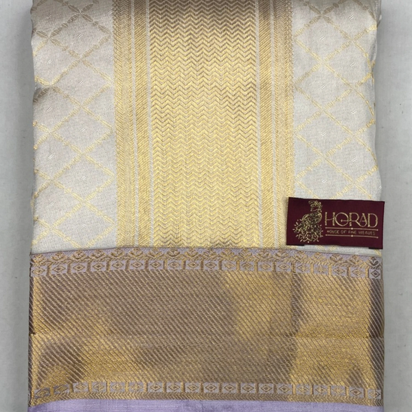 Horad Pure Silk Cream Emboss Wedding Set Shirt Material + Dhoti + Angavastram