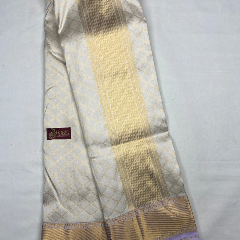 Horad Pure Silk Cream Emboss Wedding Set Shirt Material + Dhoti + Angavastram