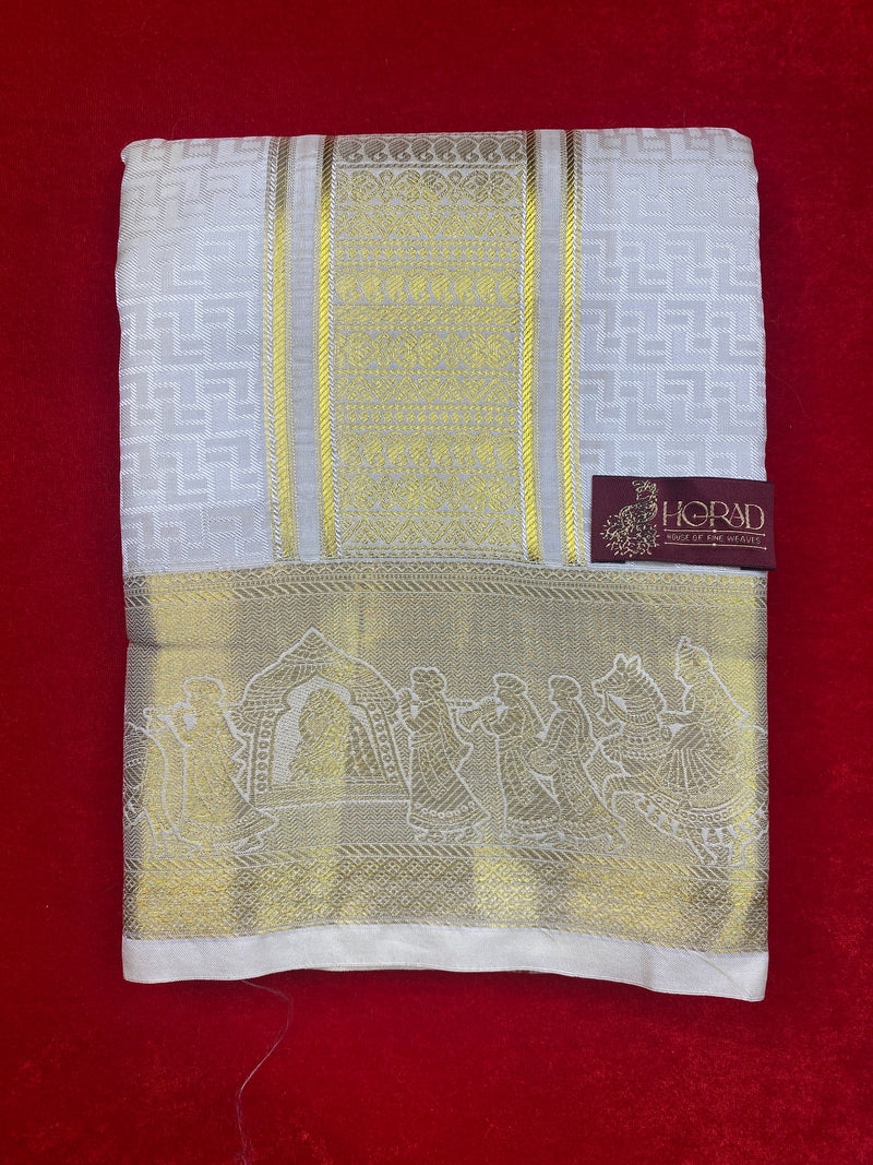 Horad Premium Art Silk Cream Emboss Shirt Material+Dhoti ( 2 in 1)