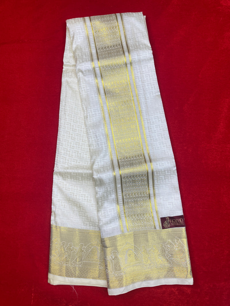Horad Premium Art Silk Cream Emboss Shirt Material+Dhoti ( 2 in 1)
