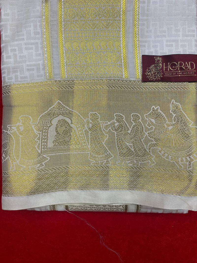 Horad Premium Art Silk Cream Emboss Shirt Material+Dhoti ( 2 in 1)