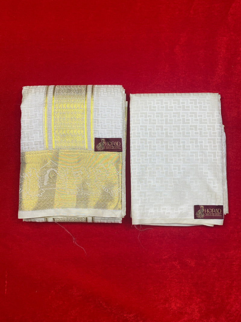 Horad Premium Art Silk Cream Emboss Shirt Material+Dhoti ( 2 in 1)