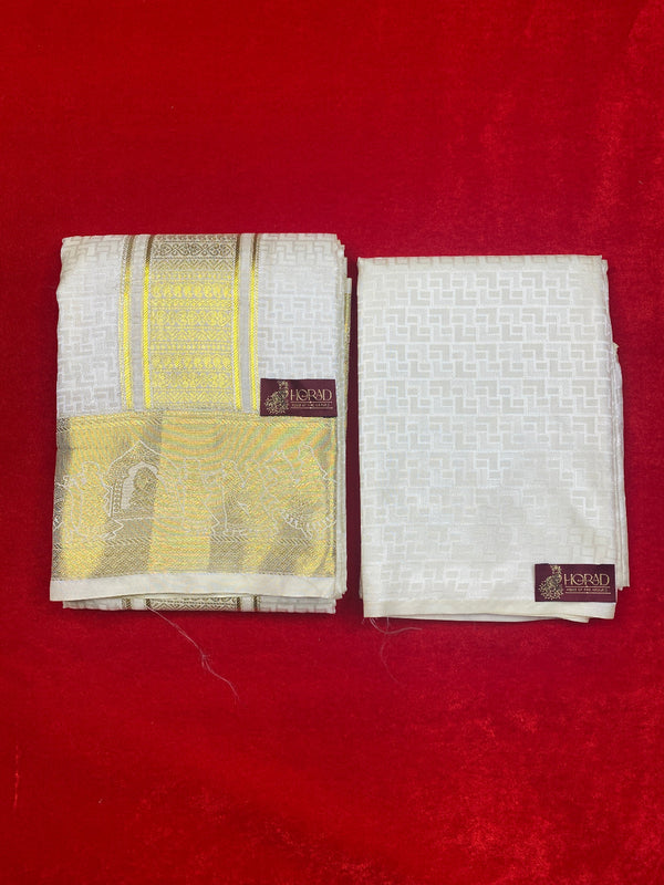 Horad Premium Art Silk Cream Emboss Shirt Material+Dhoti ( 2 in 1)