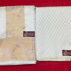 Horad Premium Art Silk Cream Emboss Elephant Shirt Material+Dhoti ( 2 in 1)