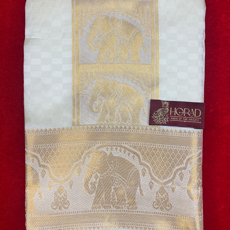 Horad Premium Art Silk Cream Emboss Elephant Shirt Material+Dhoti ( 2 in 1)