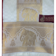 Horad Premium Art Silk Cream Emboss Elephant Shirt Material+Dhoti ( 2 in 1)