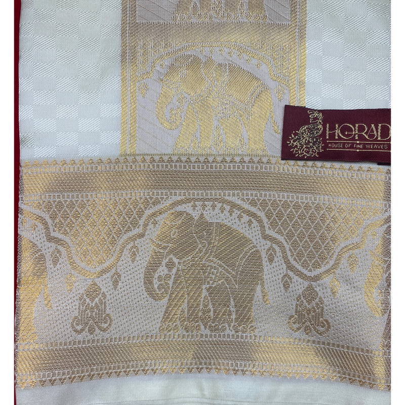 Horad Premium Art Silk Cream Emboss Elephant Shirt Material+Dhoti ( 2 in 1)