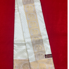 Horad Premium Art Silk Cream Emboss Elephant Shirt Material+Dhoti ( 2 in 1)