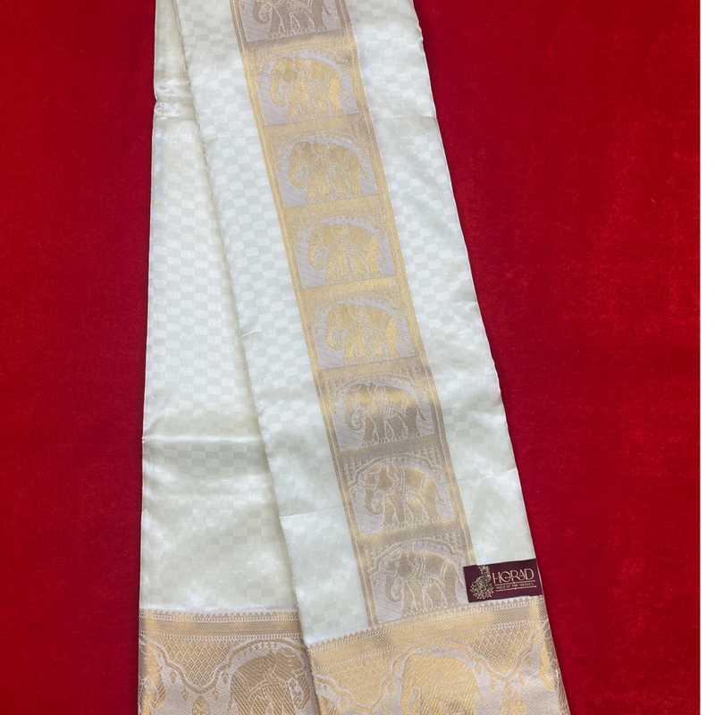 Horad Premium Art Silk Cream Emboss Elephant Shirt Material+Dhoti ( 2 in 1)