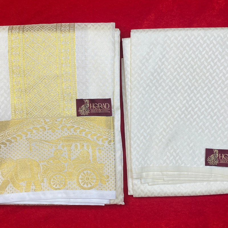 Horad Premium Art Silk Cream Emboss Pallaku Border Shirt Material+Dhoti ( 2 in 1)