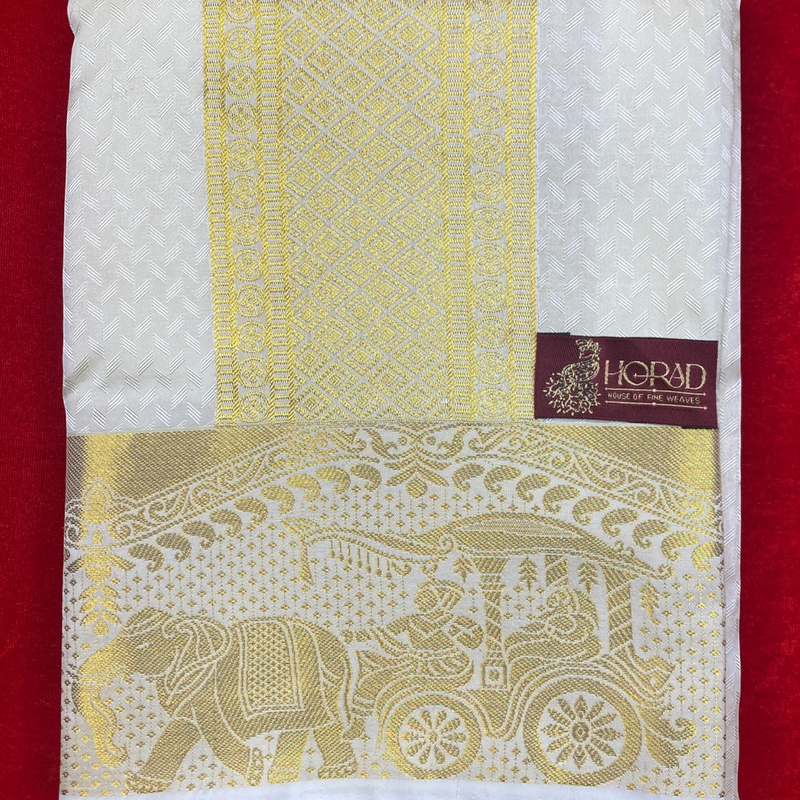 Horad Premium Art Silk Cream Emboss Pallaku Border Shirt Material+Dhoti ( 2 in 1)