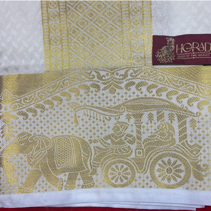 Horad Premium Art Silk Cream Emboss Pallaku Border Shirt Material+Dhoti ( 2 in 1)