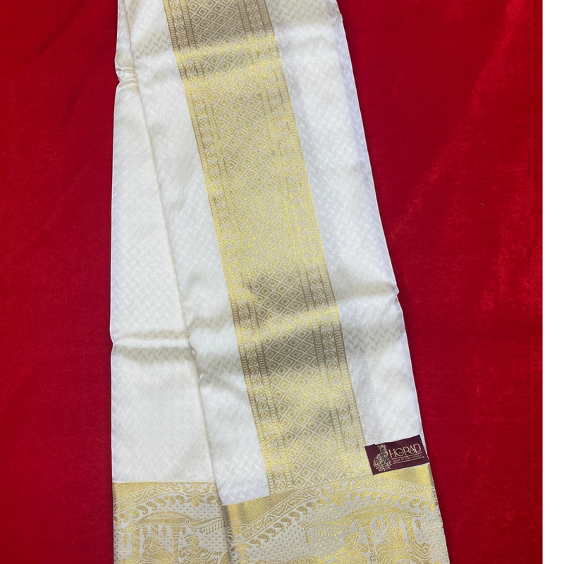 Horad Premium Art Silk Cream Emboss Pallaku Border Shirt Material+Dhoti ( 2 in 1)