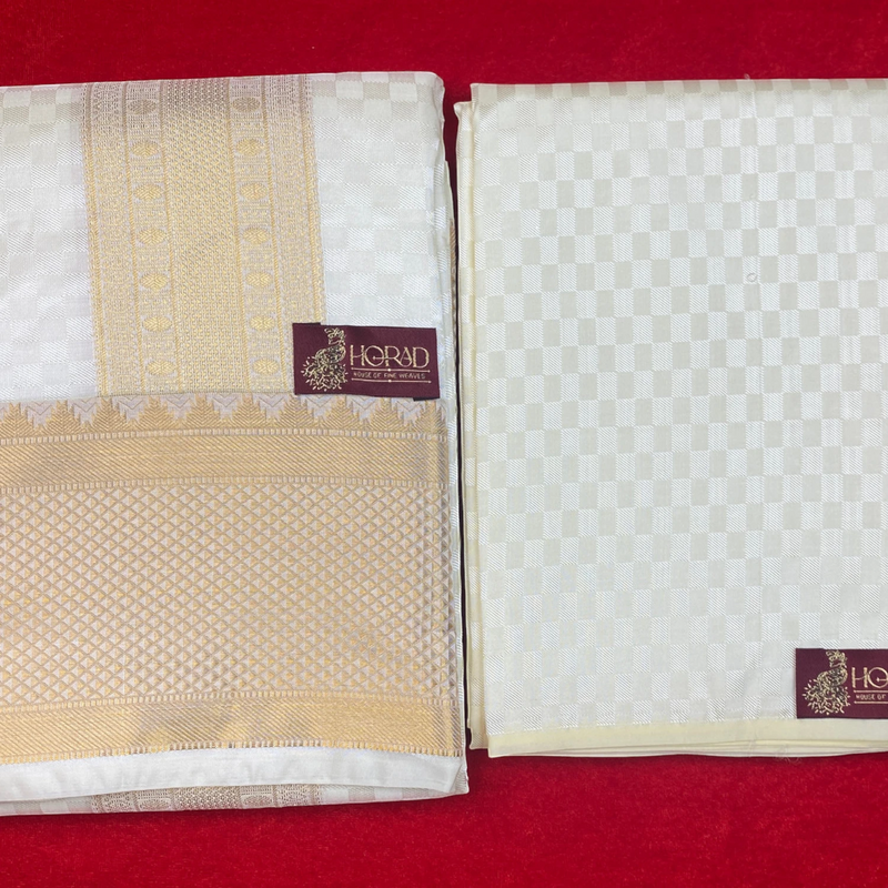 Horad Premium Art Silk Gold Emboss 5 Inch Border Shirt Material+Dhoti ( 2 in 1)