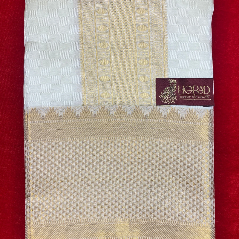 Horad Premium Art Silk Gold Emboss 5 Inch Border Shirt Material+Dhoti ( 2 in 1)