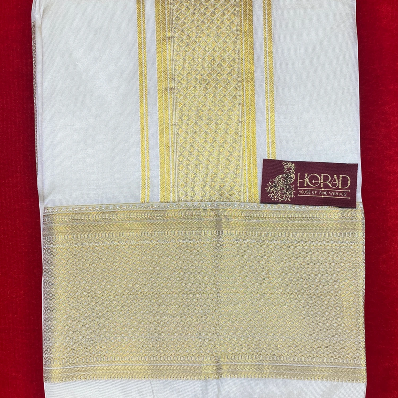 Horad Premium Art Silk Cream 4 inch Border Shirt Material+Dhoti ( 2 in 1)