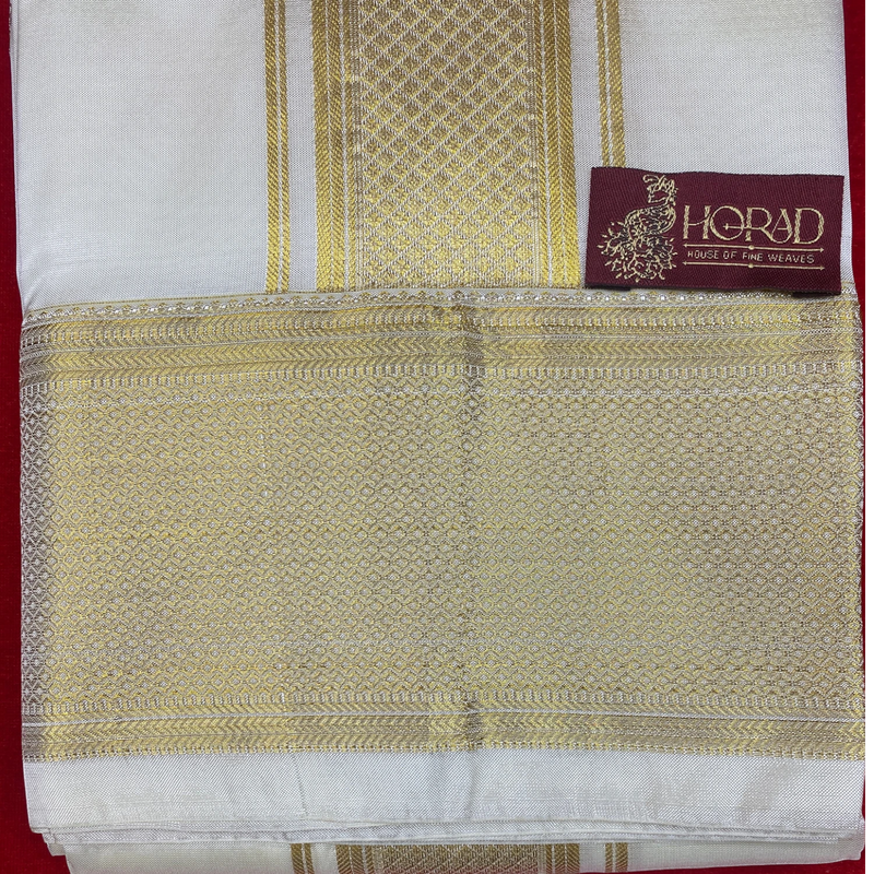 Horad Premium Art Silk Cream 4 inch Border Shirt Material+Dhoti ( 2 in 1)