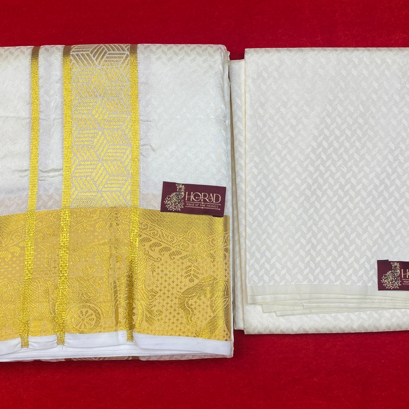 Horad Premium Art Silk Cream Emboss Shirt Material+Dhoti ( 2 in 1)