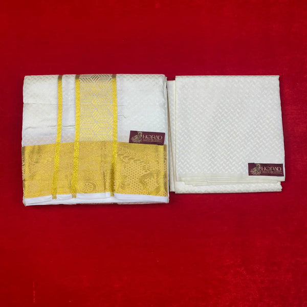 Horad Premium Art Silk Cream Emboss Shirt Material+Dhoti (2 in 1)