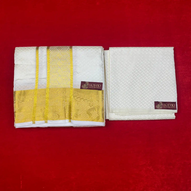 Horad Premium Art Silk Cream Emboss Shirt Material+Dhoti ( 2 in 1)
