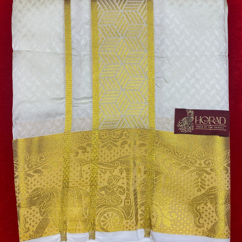Horad Premium Art Silk Cream Emboss Shirt Material+Dhoti ( 2 in 1)