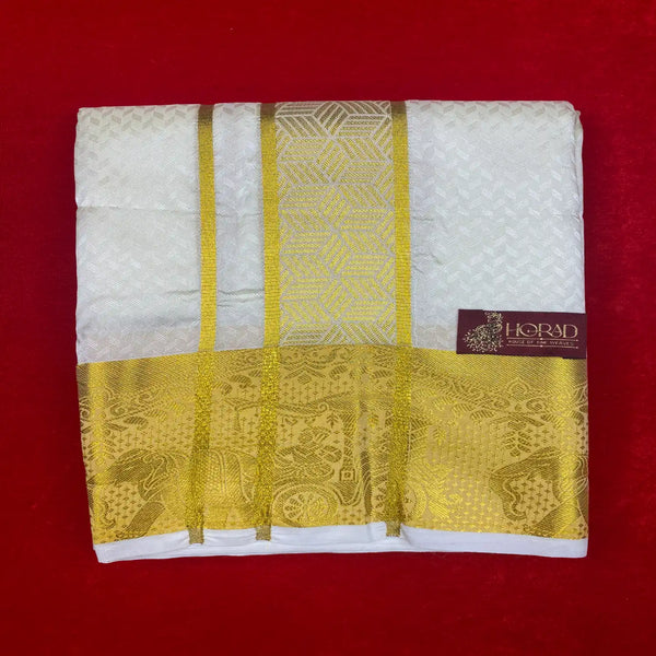Horad Premium Art Silk Cream Emboss Shirt Material+Dhoti (2 in 1)