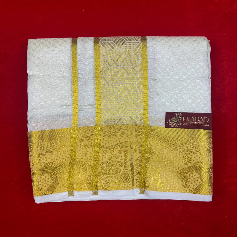 Horad Premium Art Silk Cream Emboss Shirt Material+Dhoti ( 2 in 1)