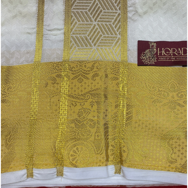 Horad Premium Art Silk Cream Emboss Pallaku and Elephant Border Shirt Material+Dhoti ( 2 in 1)