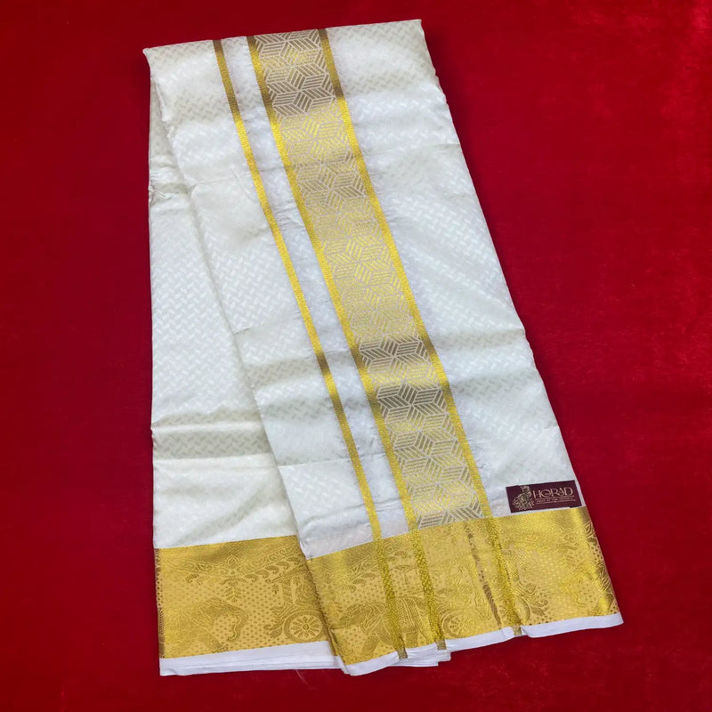 Horad Premium Art Silk Cream Emboss Shirt Material+Dhoti ( 2 in 1)
