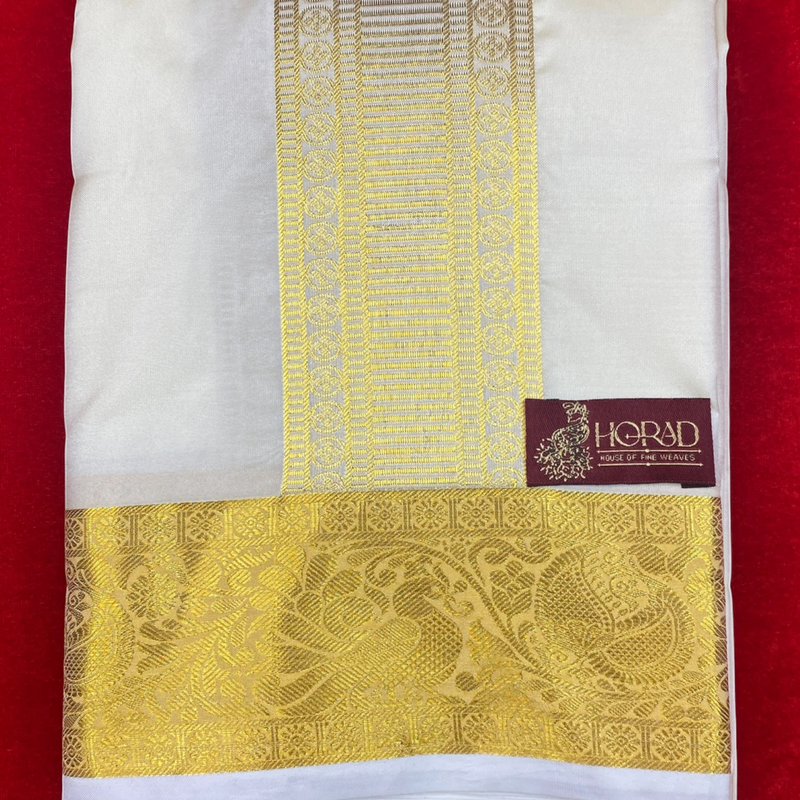 Horad Premium Art Silk Cream Peacock Border Shirt Material+Dhoti ( 2 in 1)