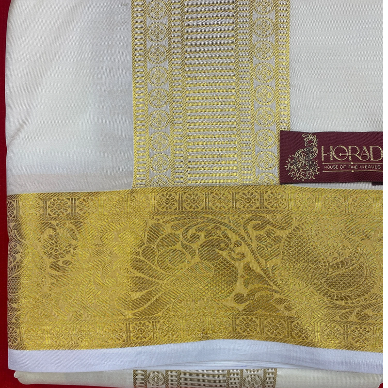 Horad Premium Art Silk Cream Peacock Border Shirt Material+Dhoti ( 2 in 1)